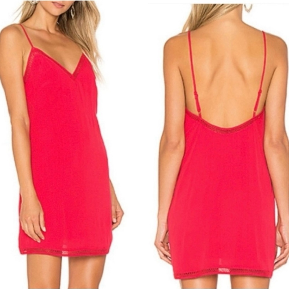 Lovers + Friends Lace Trim V Neck Chiffon Slip Dress Backless Mini Fire Red S